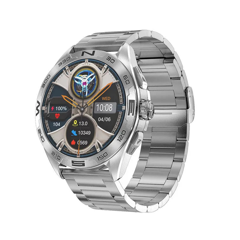 Black smartwatch on wrist displaying health stats, with options in silver, black steel, and silver steel finishes.
