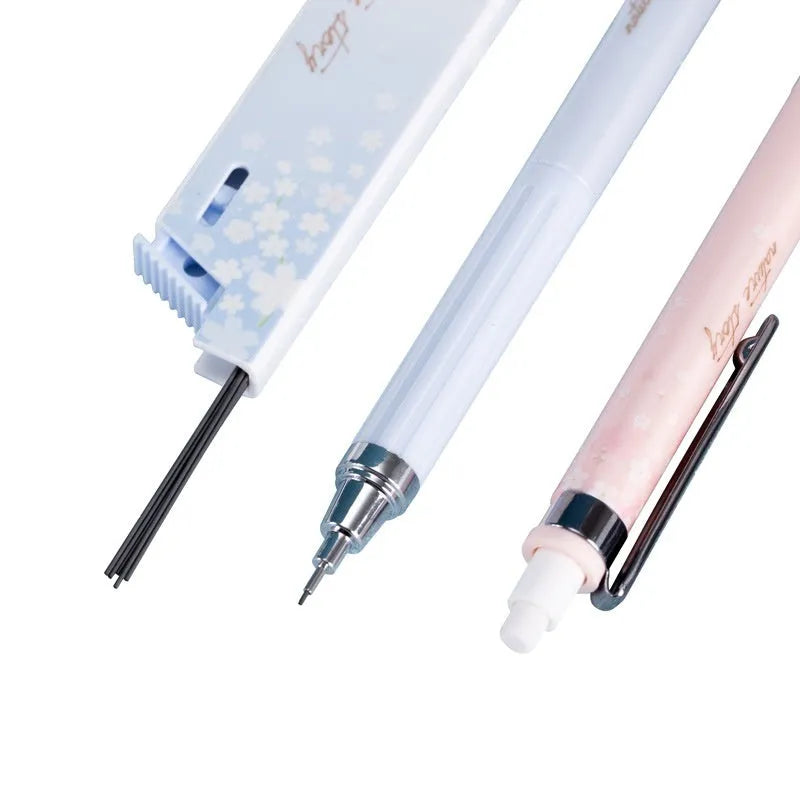 Cartoon design automatic pencil set with three 0.5mm pencils and HB refill boxes on a white background.