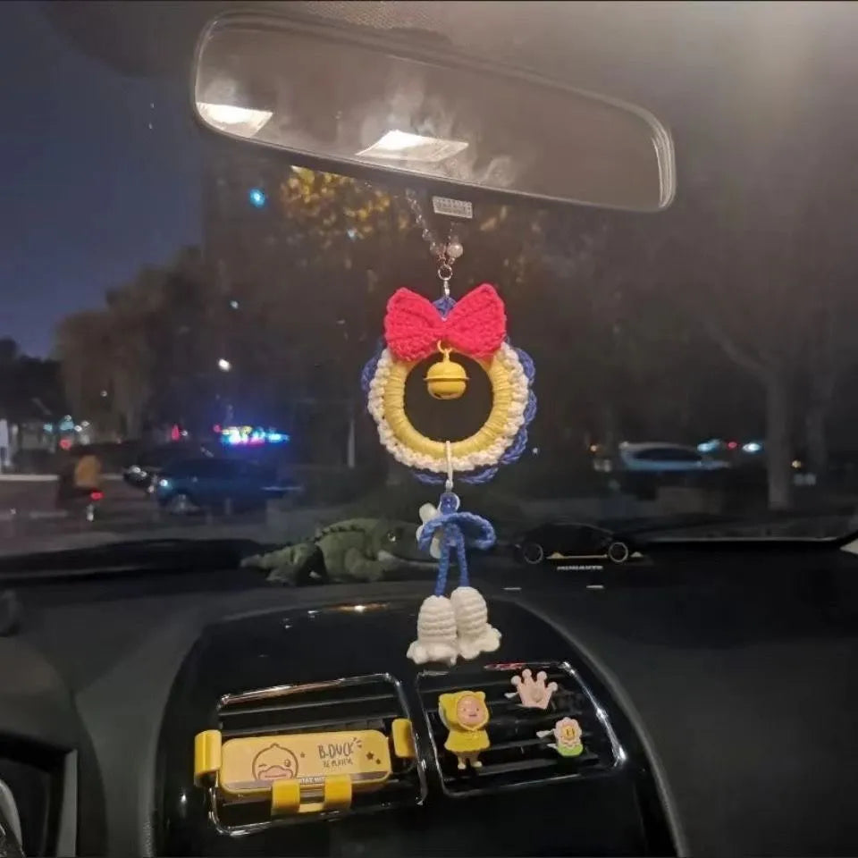 Handmade soft plush yarn car hanging ornament with pom-pom accents for rearview mirror decoration