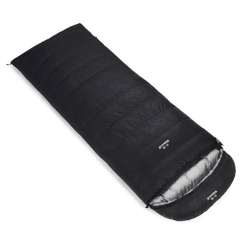 Black adult sleeping bag with white goose down fill and durable nylon shell for outdoor camping.