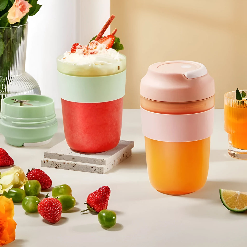 Portable USB rechargeable blender cup in purple, green or orange with 400ml capacity and four stainless steel blades