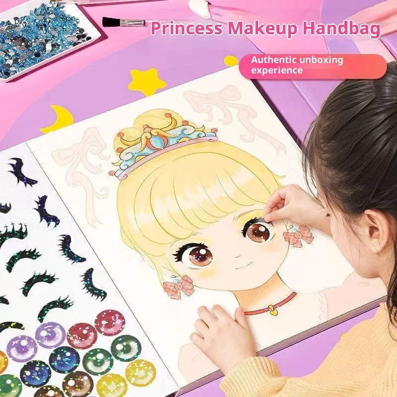 Children's paper princess makeup bag sticker toy with antique princess style, including stickers and mesh bag