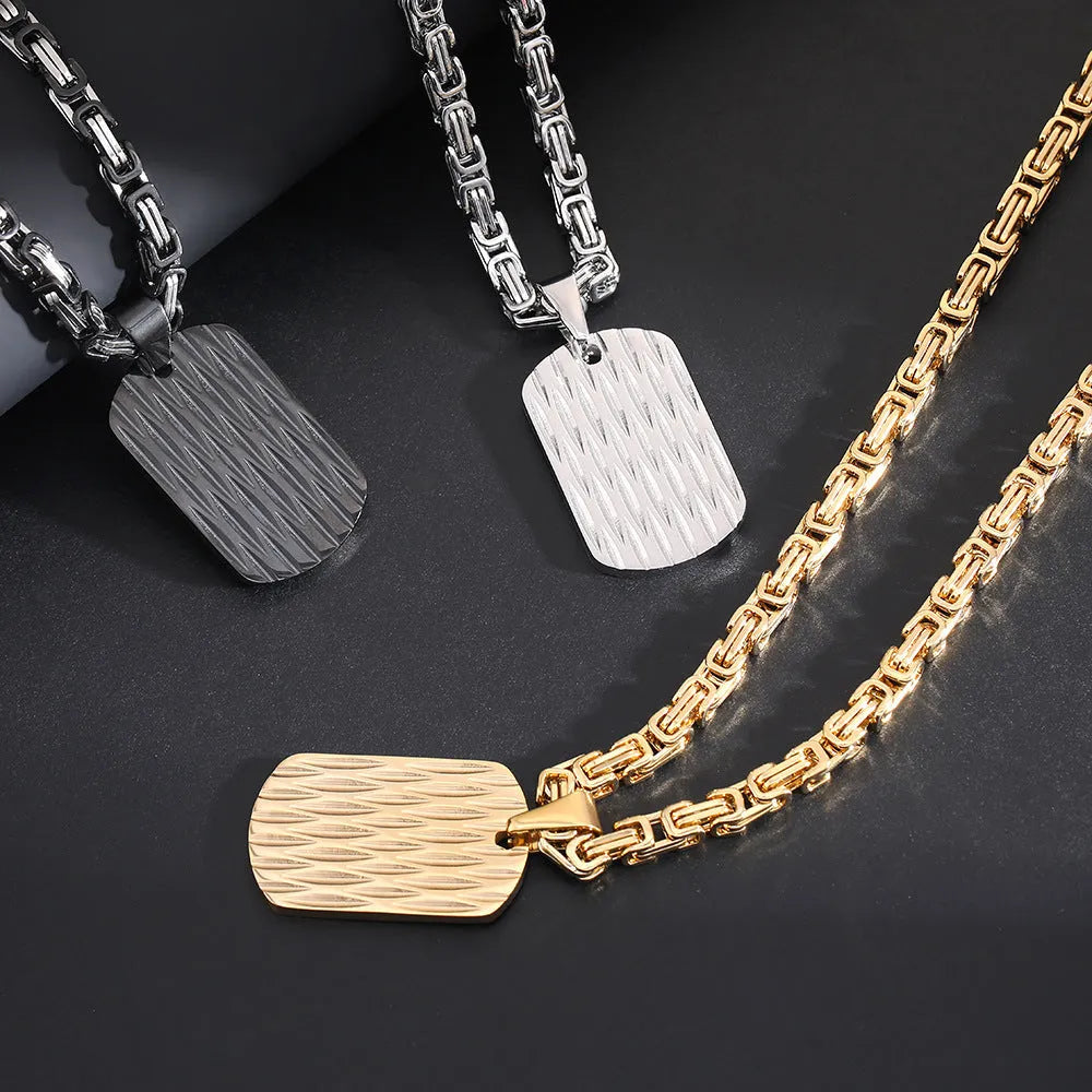 Men's titanium steel necklace with geometric water ripple pendant on Emperor Chain in gold finish