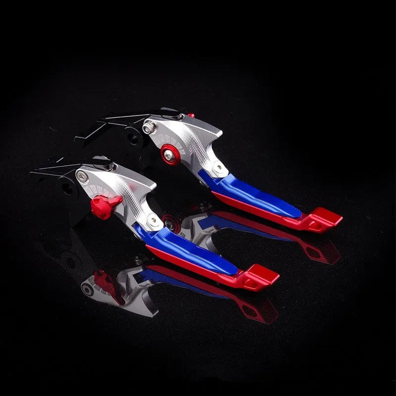 Pair of anodised aluminium motorcycle brake and clutch levers with six-speed adjustable length mechanism