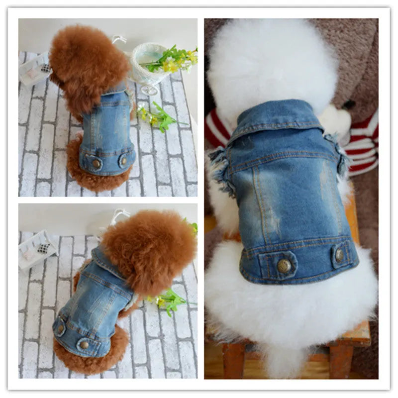 Retro scratch pattern denim dog vest in dark and light wash colours for autumn winter wear