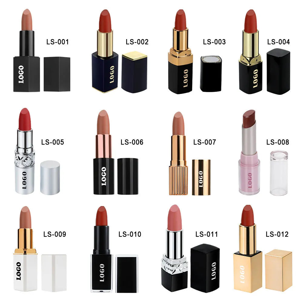 Matte finish lipstick bullet in a case, showcasing its velvety texture, with colour options 01 to 24.