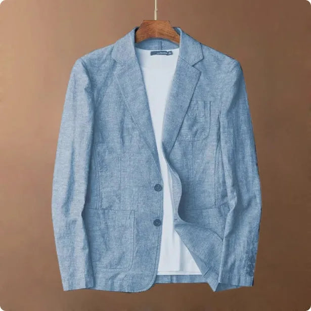 Men's solid colour linen suit blazer with side stick pockets, shown in light blue.