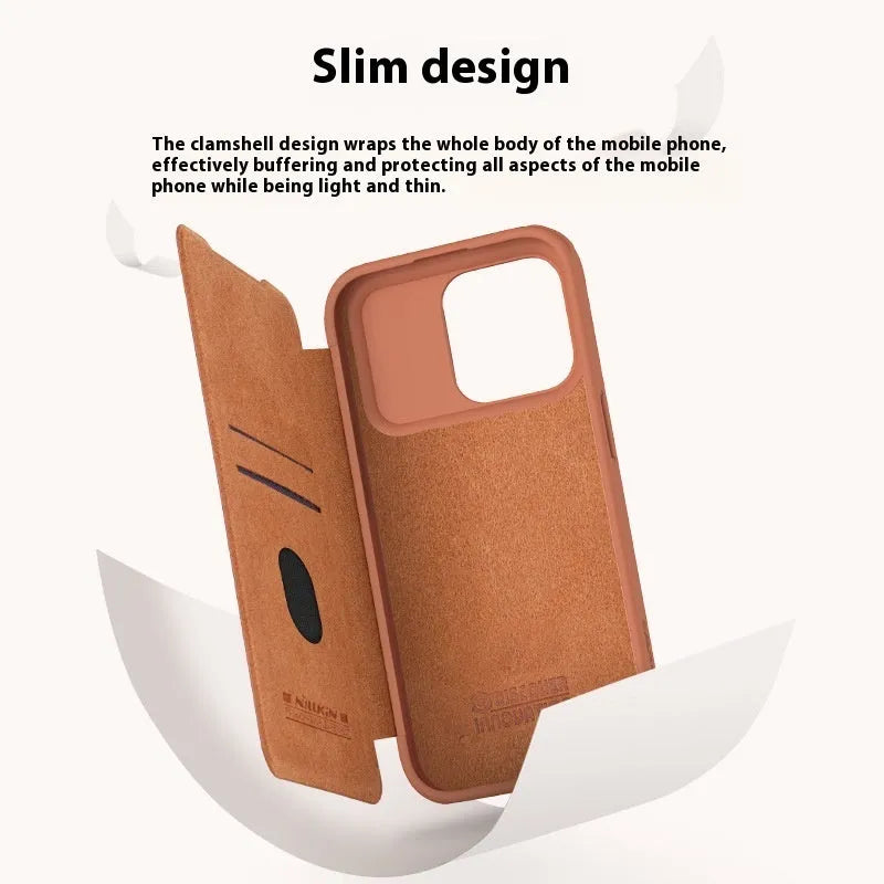 Imitation leather flip phone case for iPhone showing black, brown, and red colour options