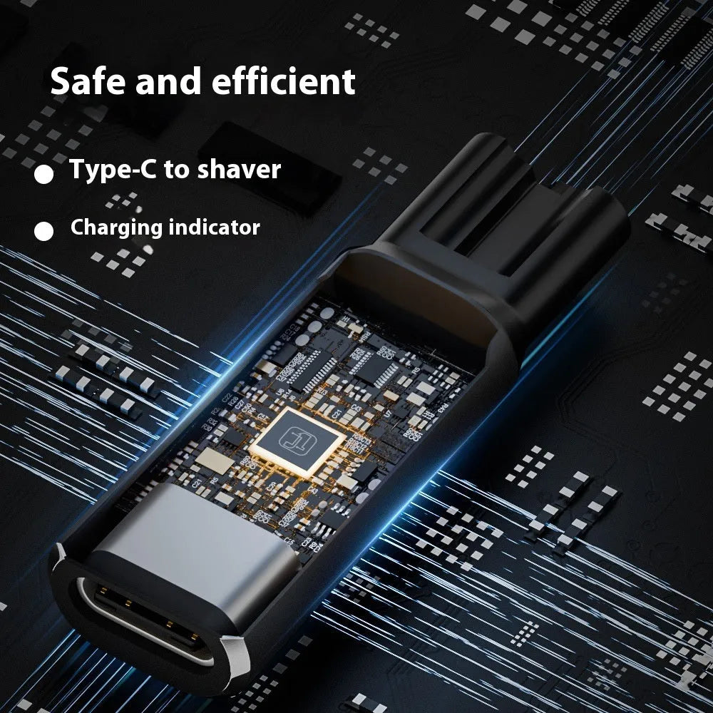 Black USB-C charging adapter for electric shaver with aluminium alloy case.