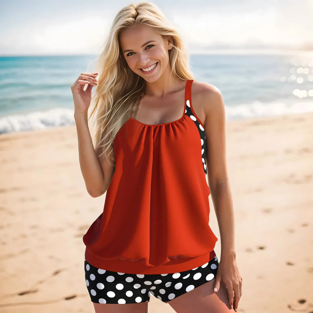 Women's black polka dot high-waist boxer swimsuit set on a mannequin