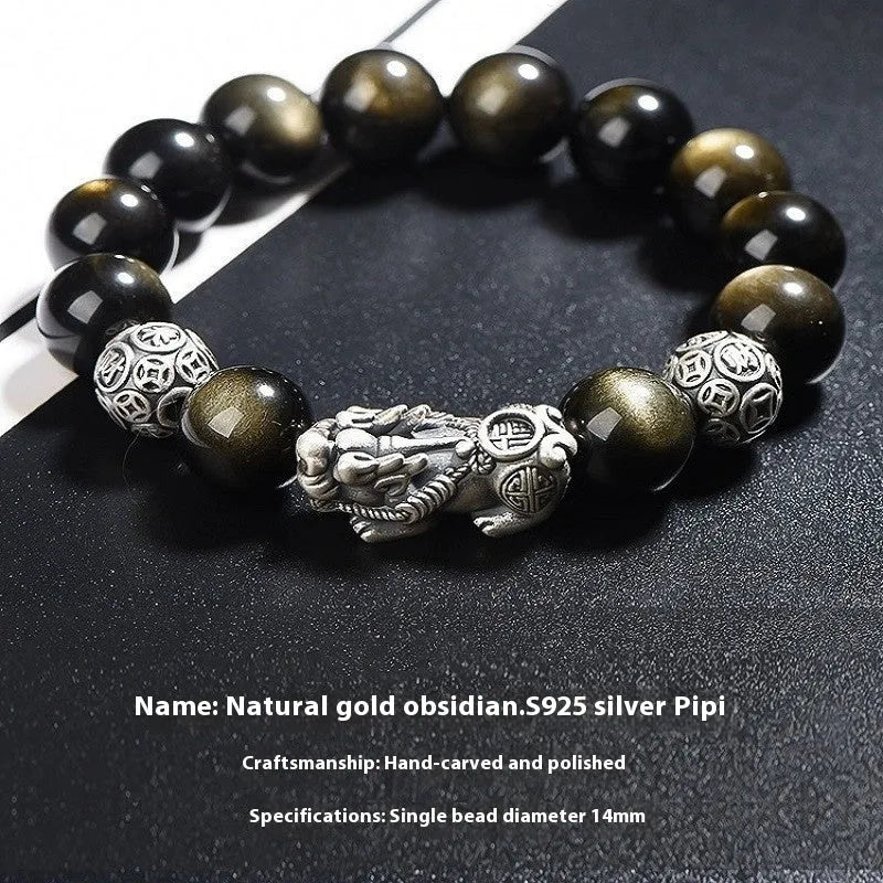 Men's geometric obsidian bracelet with 999 sterling silver leather accents in silver brave troops design