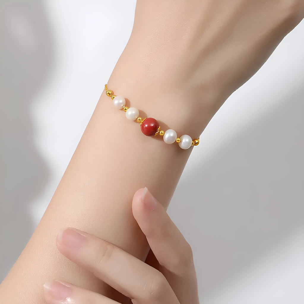 Yellow retro bracelet with red bean pearls and cinnabar on 925 silver for women