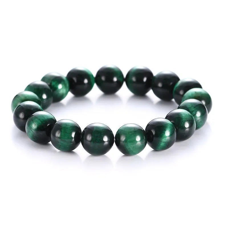 Natural green tiger eye stone bracelet with polished geometric beads in multiple sizes
