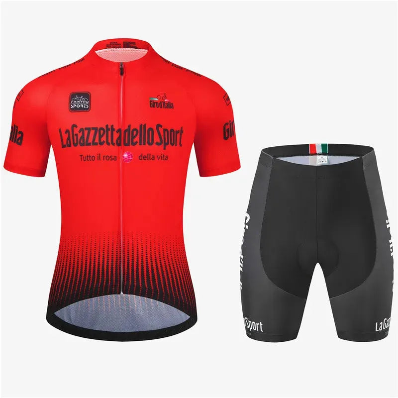 Short sleeve cycling jersey in a coloured pattern, showing its quick-dry fabric and fit for road biking.