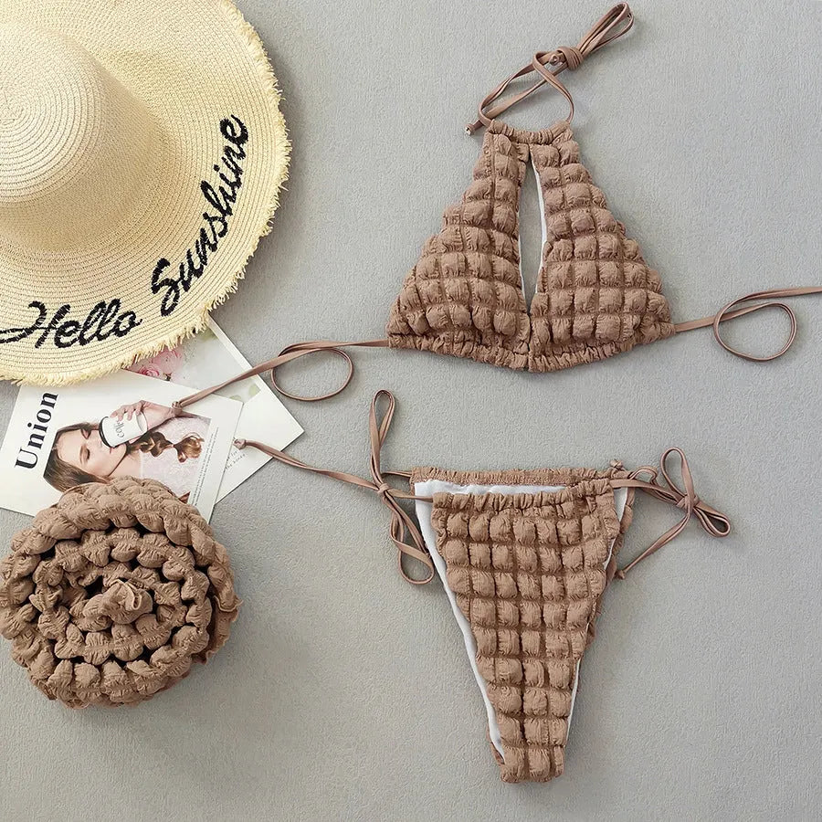 Brown seersucker lace-up women's bikini set with skirt on hanger