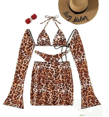 Women's leopard print split bikini swimsuit set with adjustable halter top, high-waisted bottom, and matching skirt