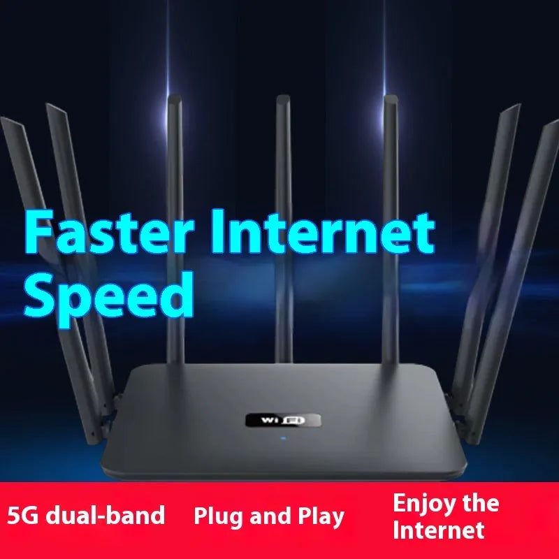 Black and white dual-band 5G gigabit router with multiple antennas on a wooden surface.