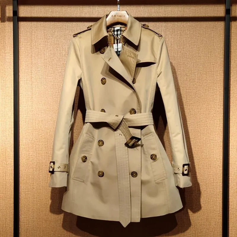Khaki women's trench coat with double-breasted front and flight sleeves