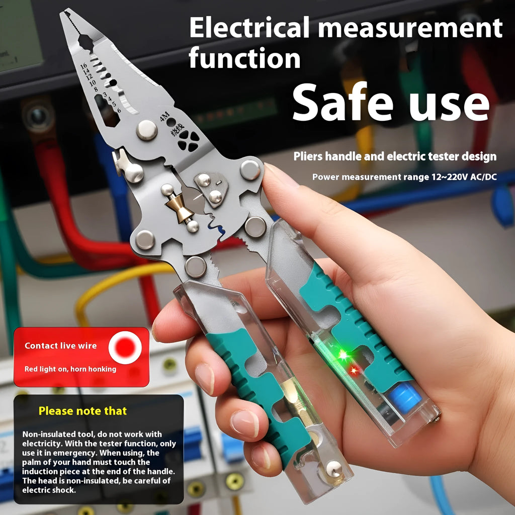 Electrician's multi-functional wire stripper with needle-nose pliers design showing rust prevention steel construction