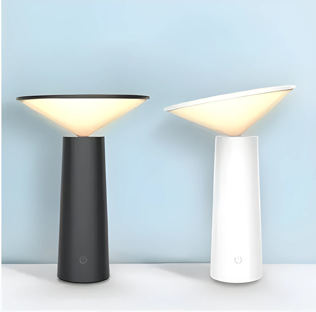 Black USB touch sensor table lamp with adjustable head on a wooden desk