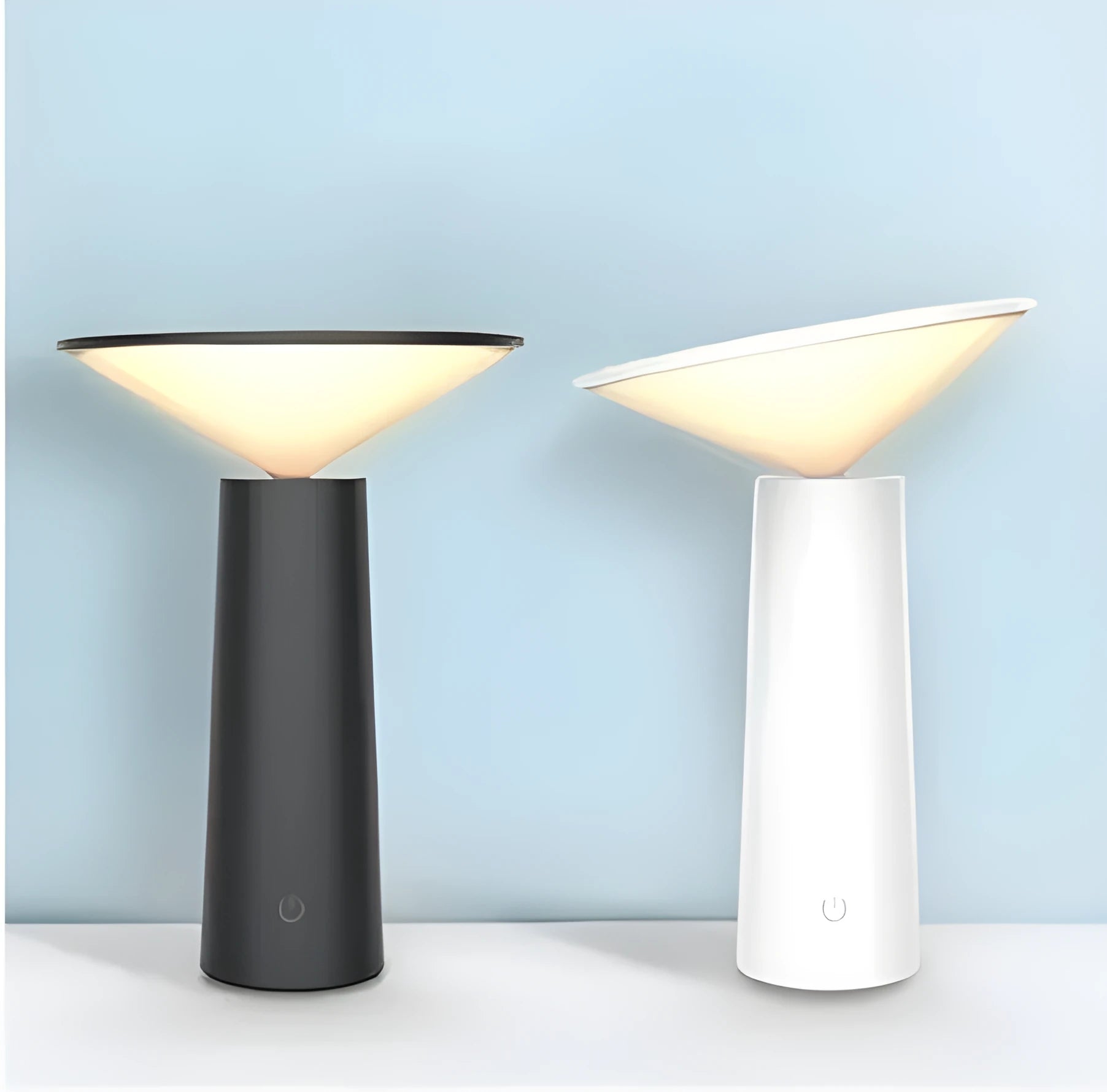 Black USB touch sensor table lamp with adjustable head on a wooden desk