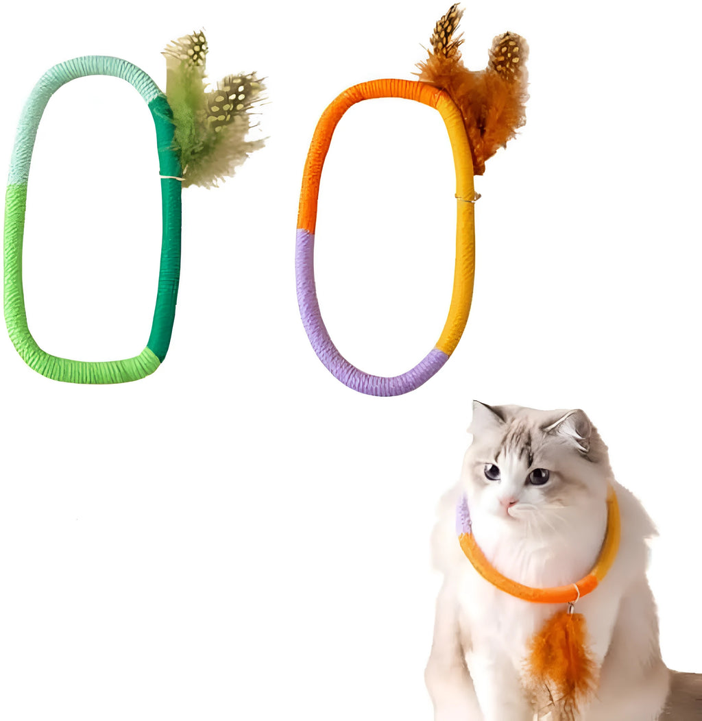 Green cotton rope circular cat toy with feathers attached for interactive play