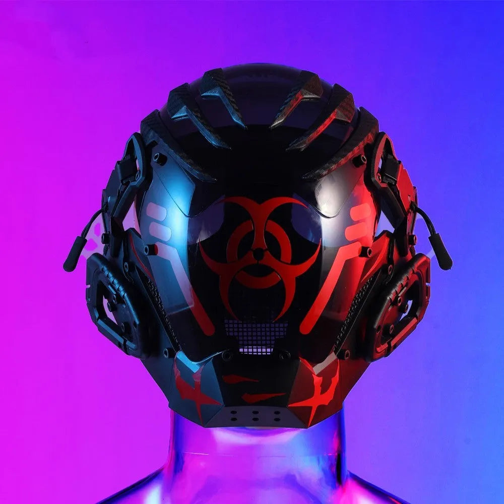 Black full-face plastic prop mask with a cyberpunk bioweapon design on a mannequin head.