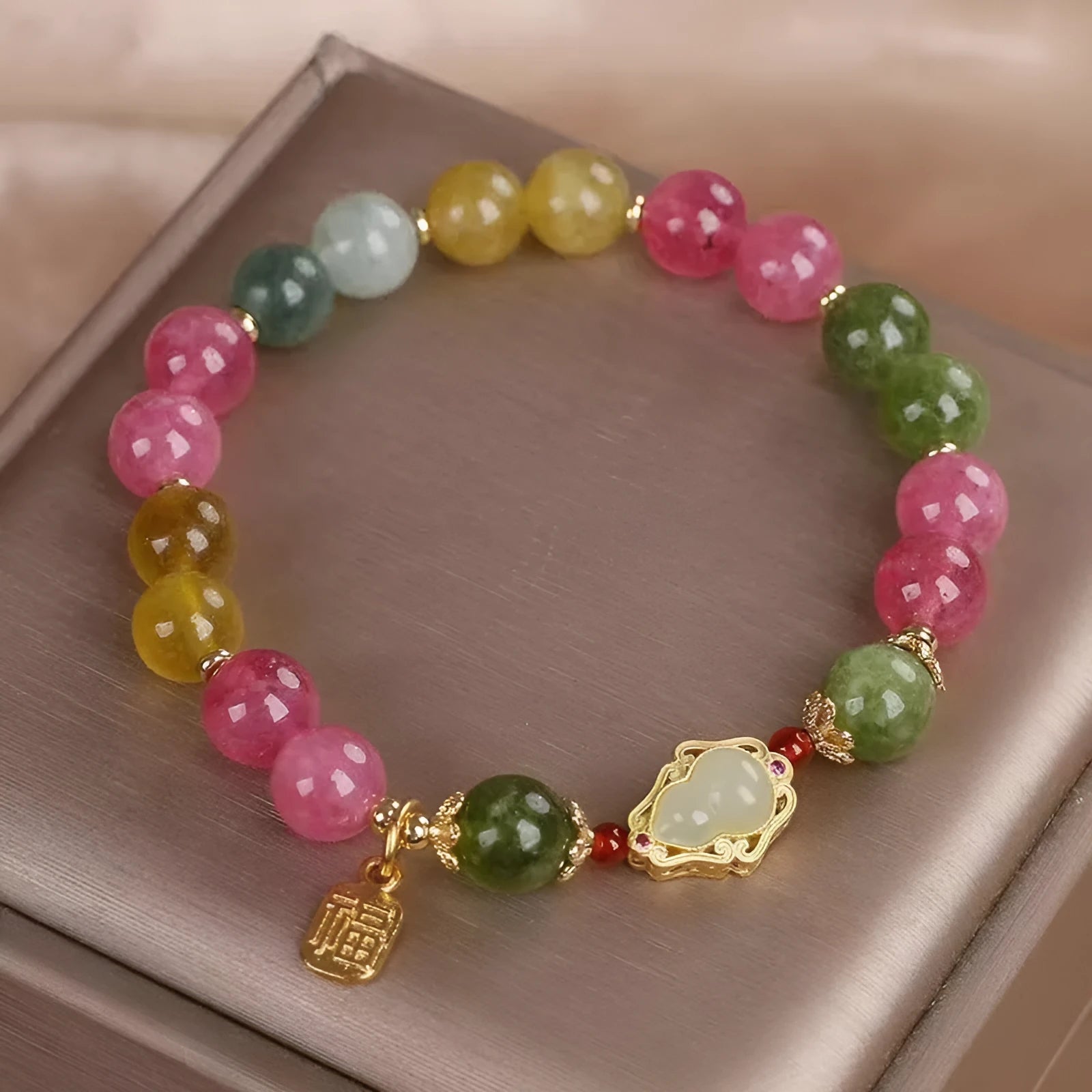 Women's colourful tourmaline gourd blessing card bracelet with floral design and electroplated finish