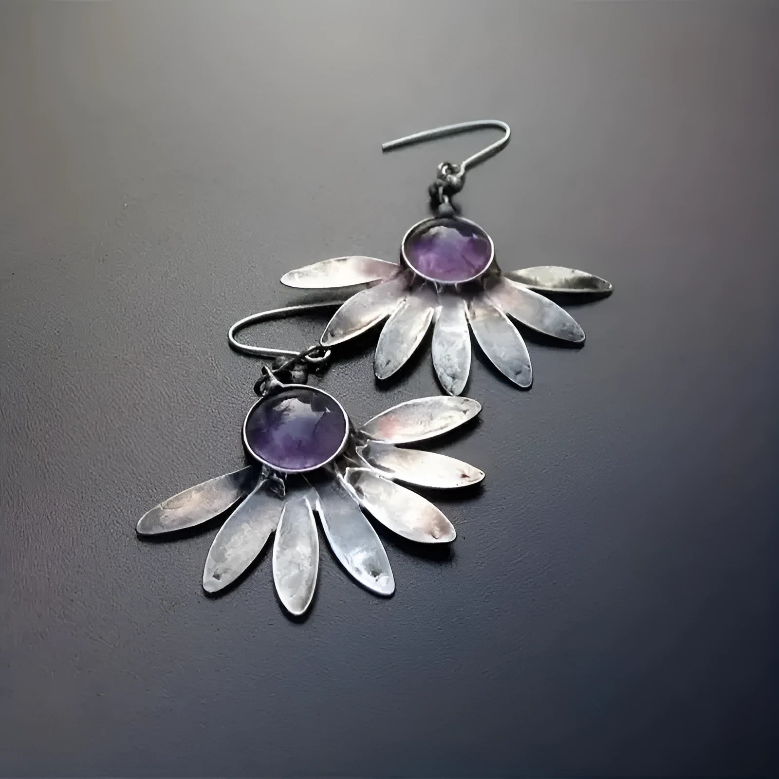 Purple Bohemian style earrings with floral patterns and animal zodiac design in resin and alloy