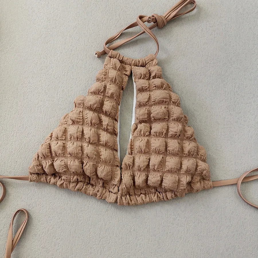 Brown seersucker lace-up women's bikini set with skirt on hanger