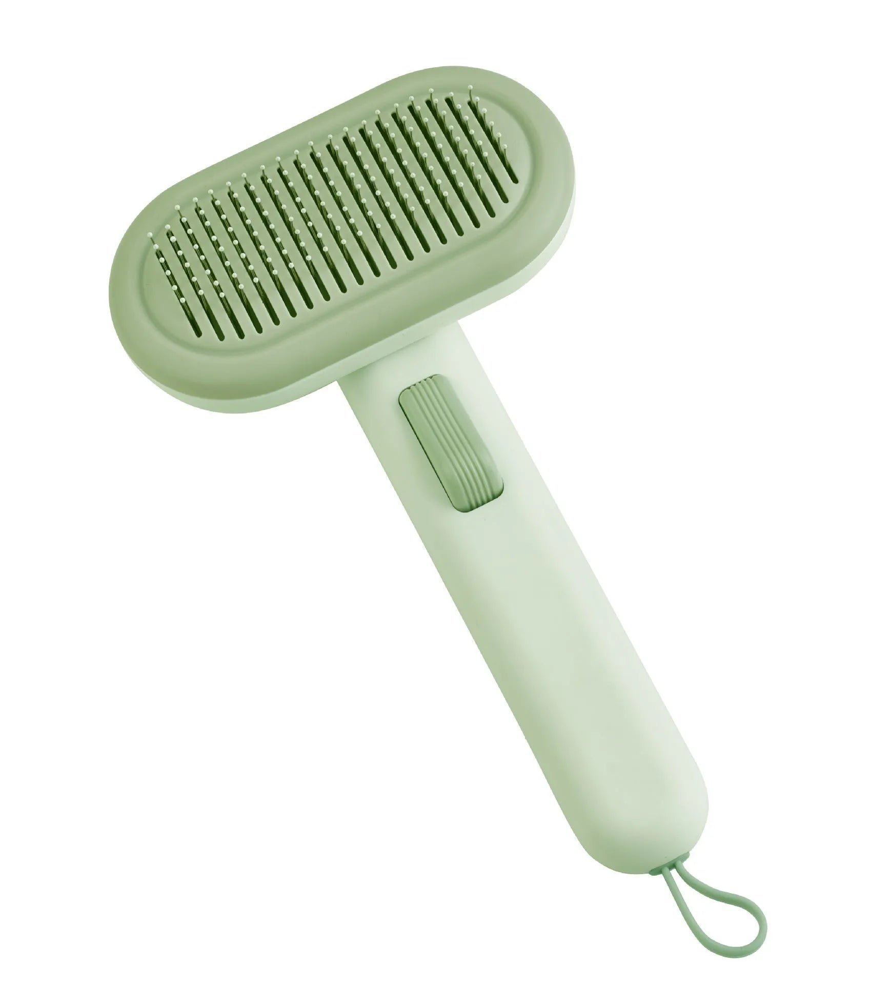 Large light green pet grooming comb with floating teeth and a built-in stainless steel shaver head for cats and dogs.