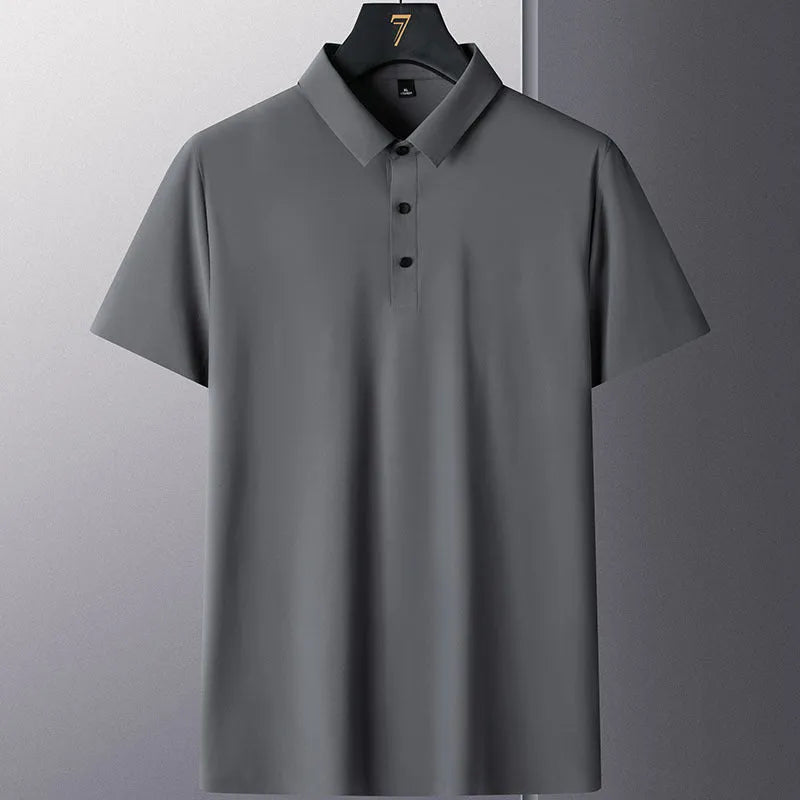 Men's solid colour non-ironing short sleeve business casual shirt on a hanger.