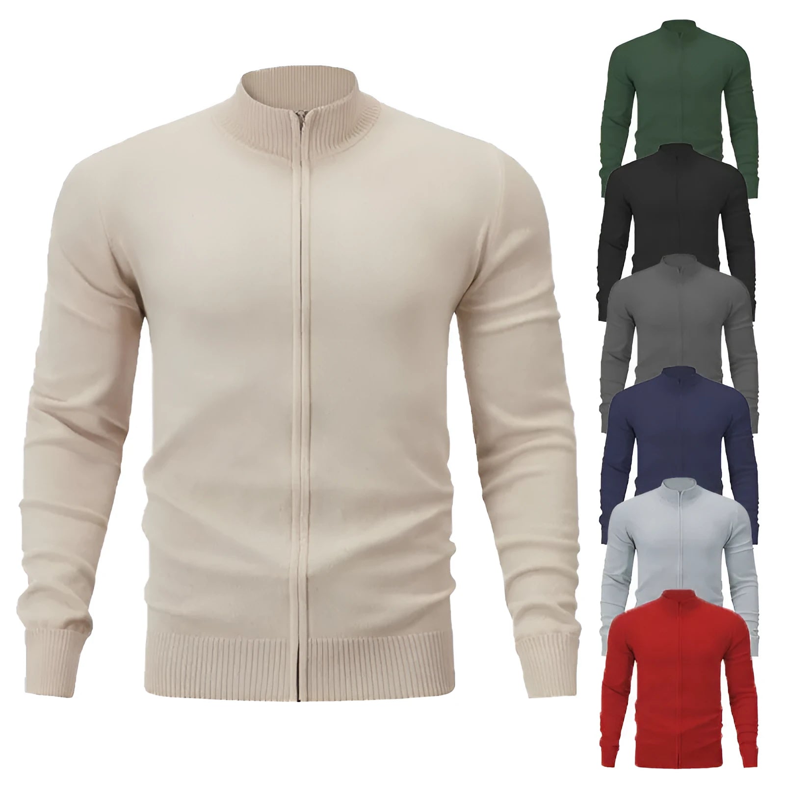 Cotton stand collar zip-front cardigan in a loose fit, shown in apricot colour.