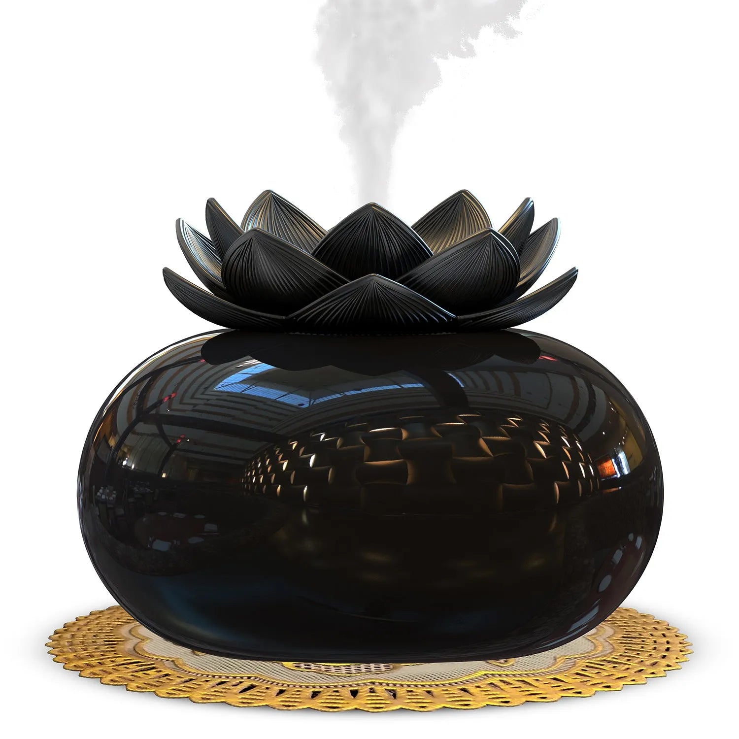Pure black lotus-shaped USB aromatherapy humidifier on a desk.