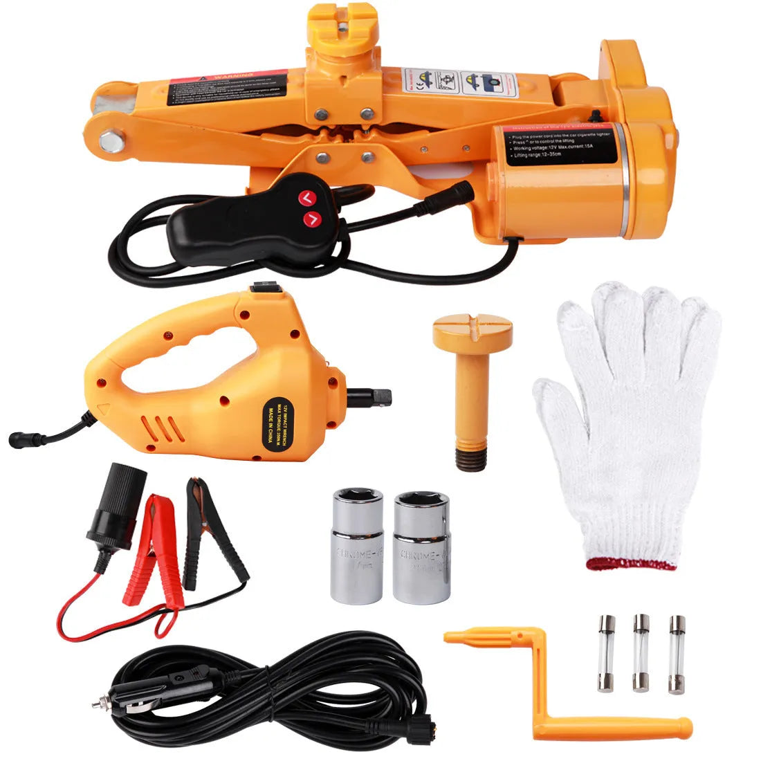 Yellow steel electric car jack set with electric wrench for vehicle tyre changes
