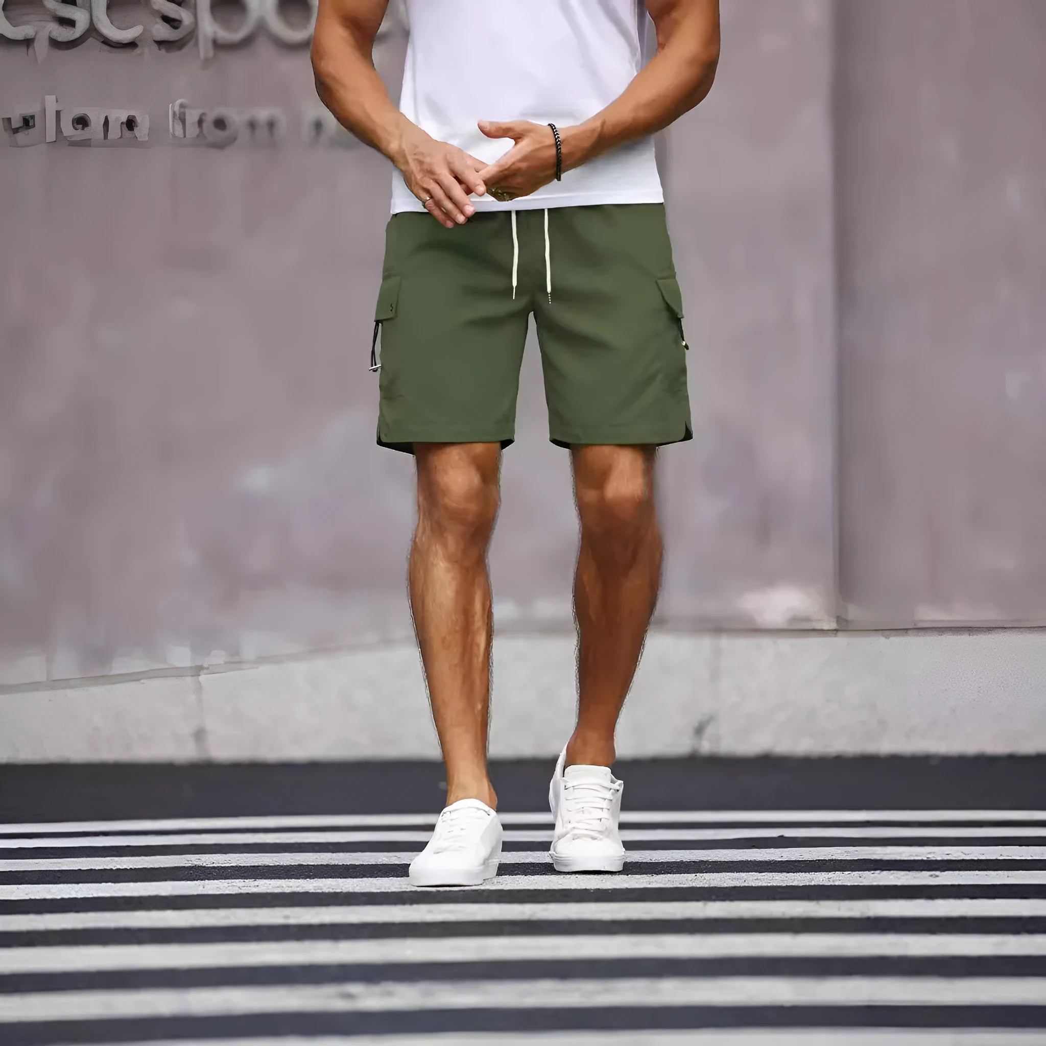 Men's loose fit workwear shorts in fluorescent green and army green colours