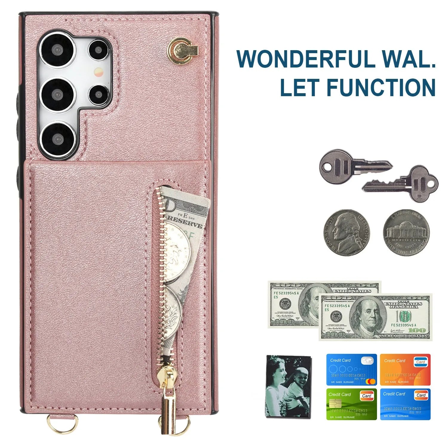 Leather Samsung phone case with crossbody strap and zippered card slot in various colours.