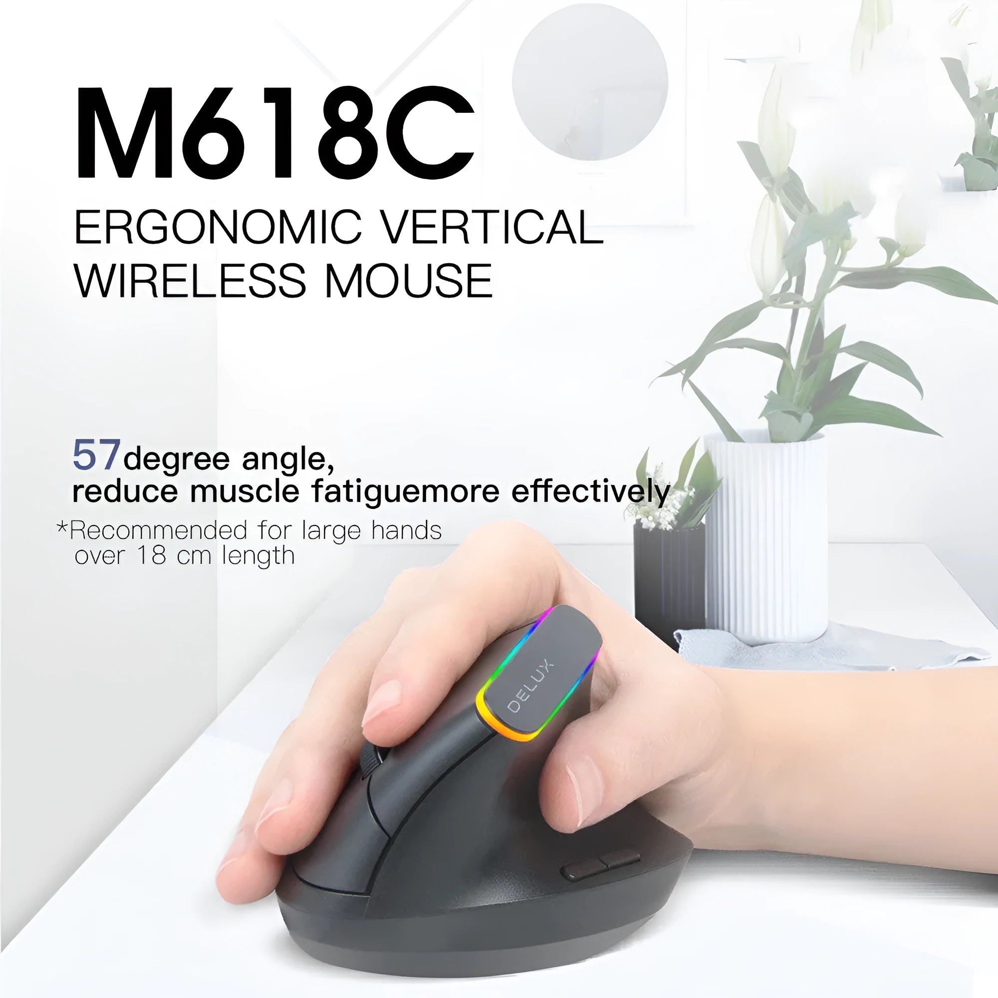 M618C vertical ergonomic wireless computer mouse with RGB lighting in black or white
