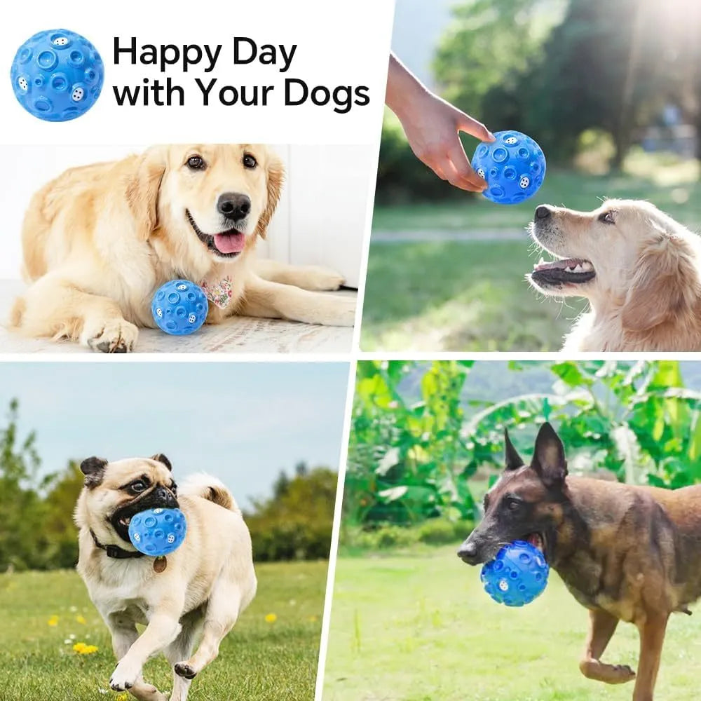 Colourful dog toy ball with textured meteorite bumps for teeth cleaning and squeaky sound