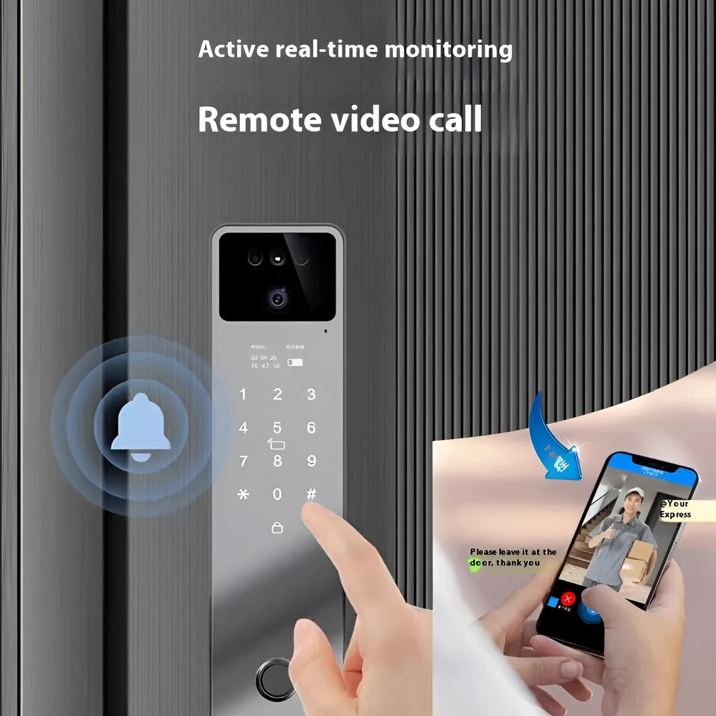 F7 aluminium alloy smart door lock with face recognition, fingerprint scanner, and keypad