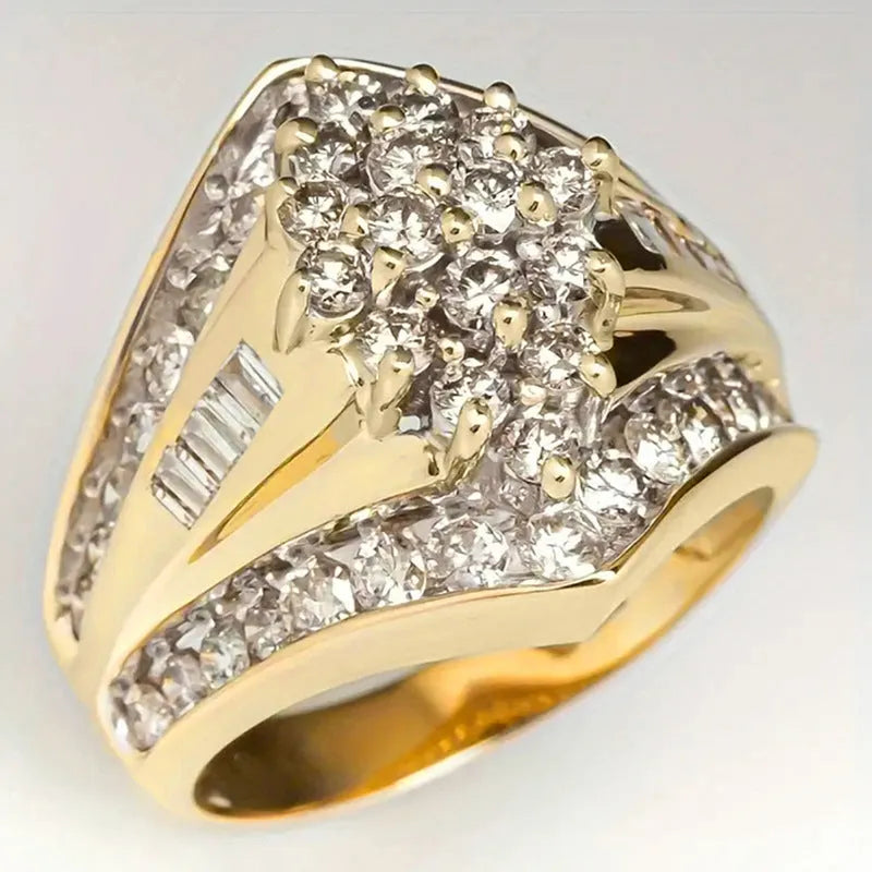 Gold geometric copper fashion ring showcasing heavy industry palace style on a neutral background