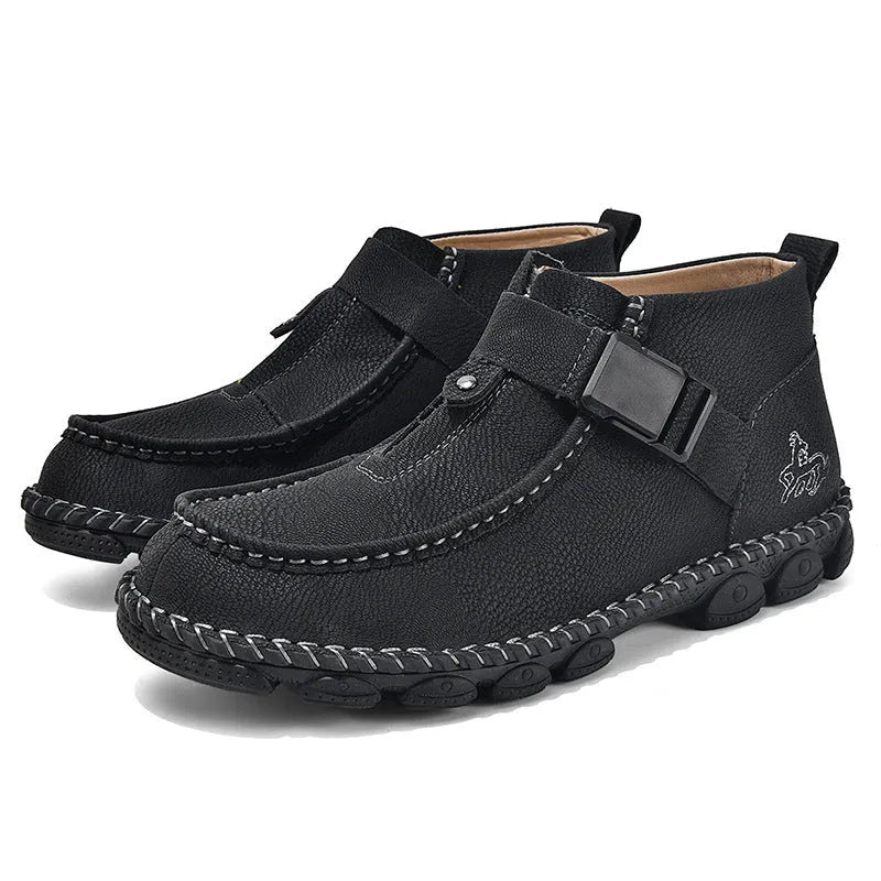 Handmade stitching casual slip on shoes in PU leather with flat sole, available in black, green or brown
