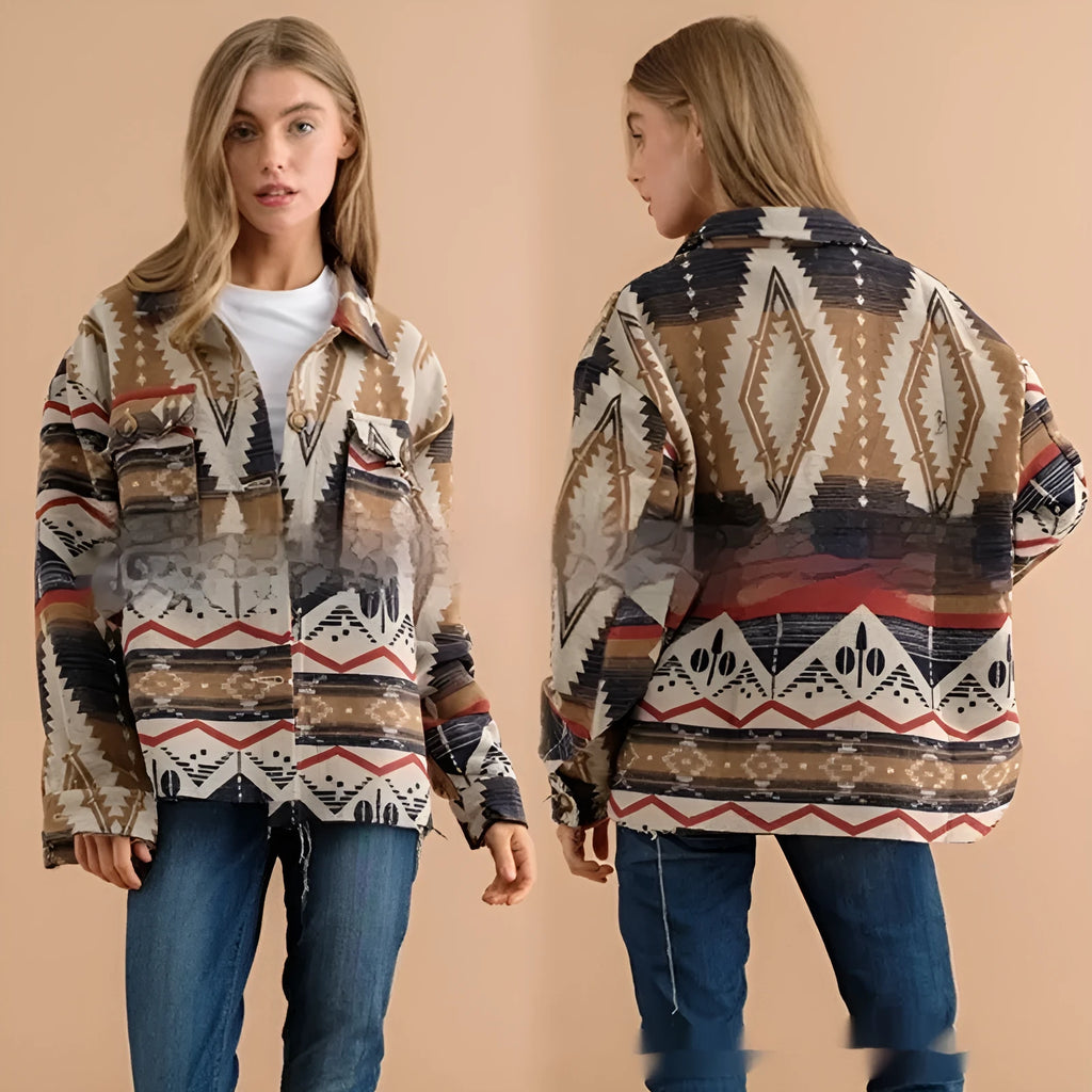 Women's retro woolen jacket with Aztec print in army green colour showing loose fit and long sleeves