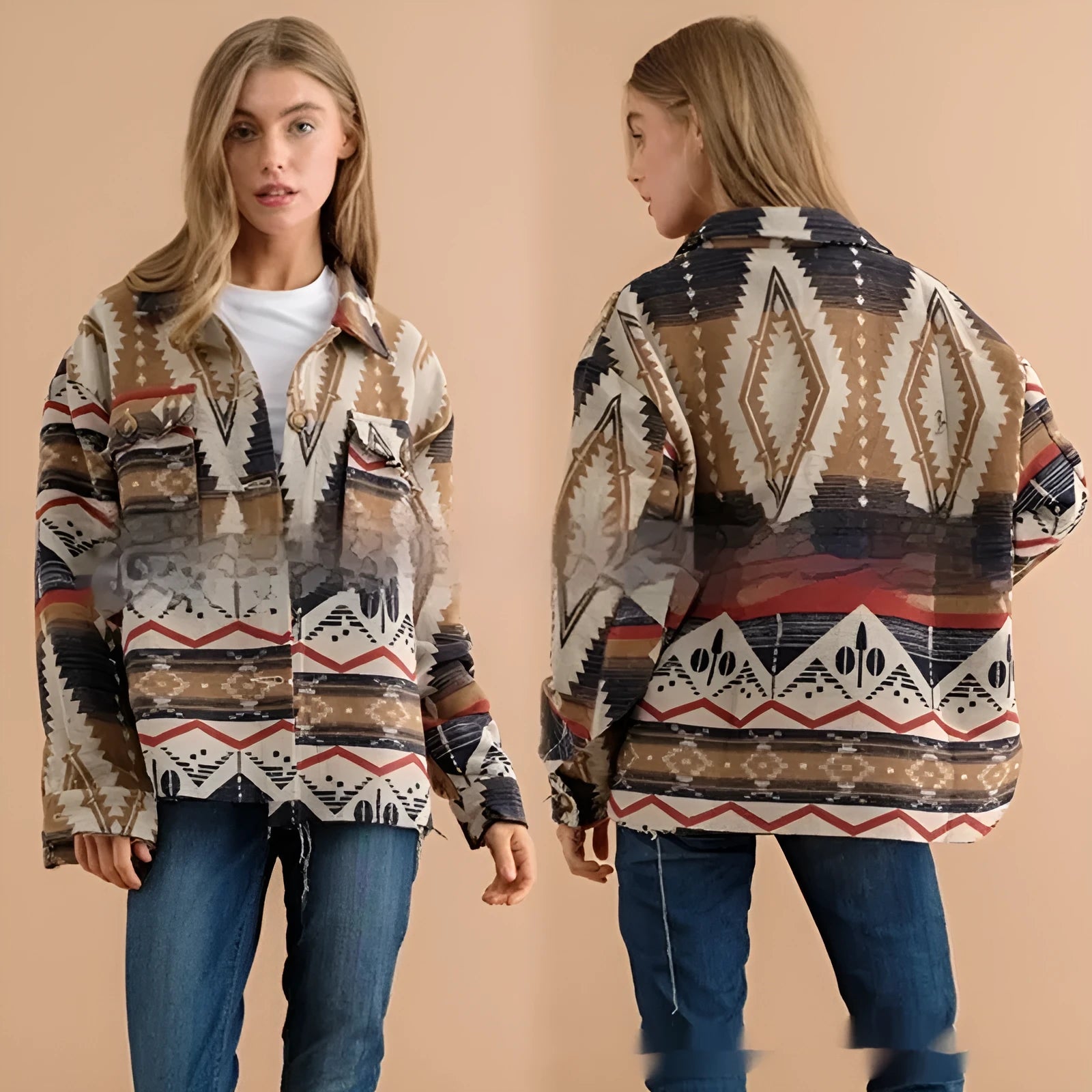 Women's retro woolen jacket with Aztec print in army green colour showing loose fit and long sleeves