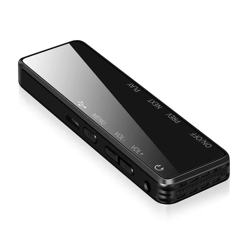 Black zinc alloy USB voice recorder MP3 player with LCD screen showing recording time