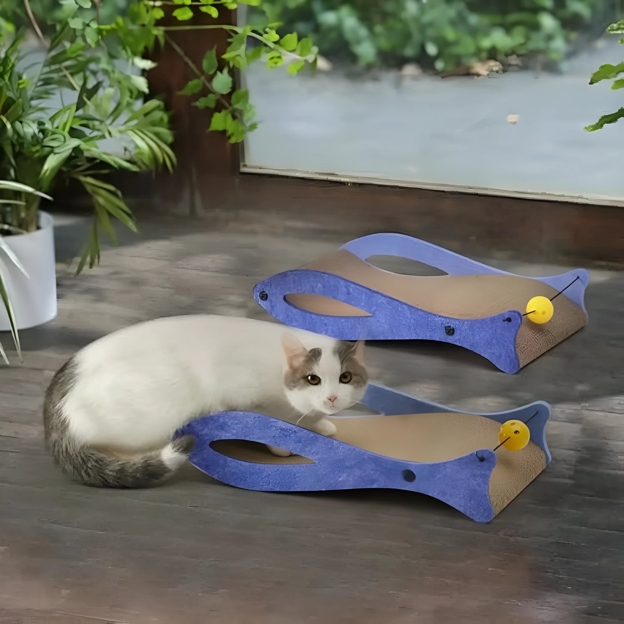 Blue fish-shaped cardboard cat scratcher lounge with a dangling bell ball toy for indoor cats.