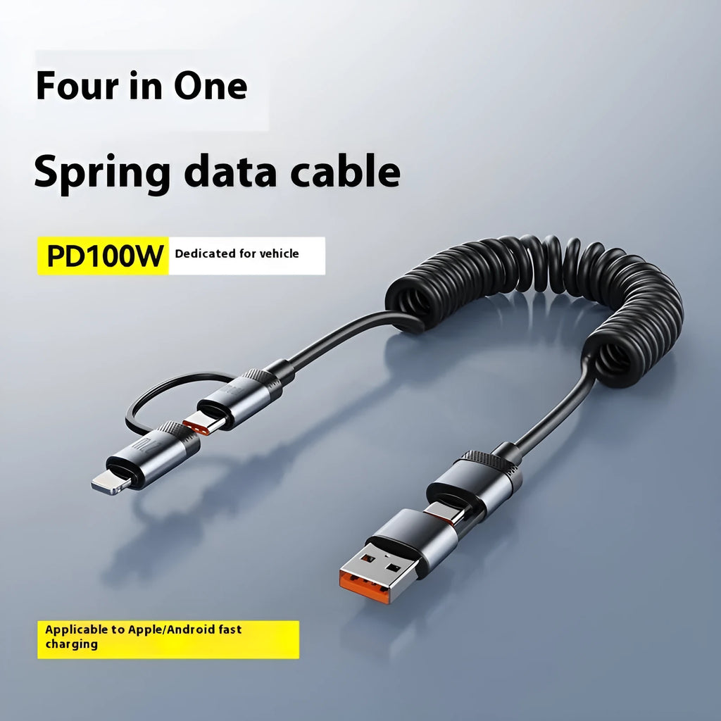 Two Fast Charge car spring wire data cable in black with Lightning and Type-C connectors