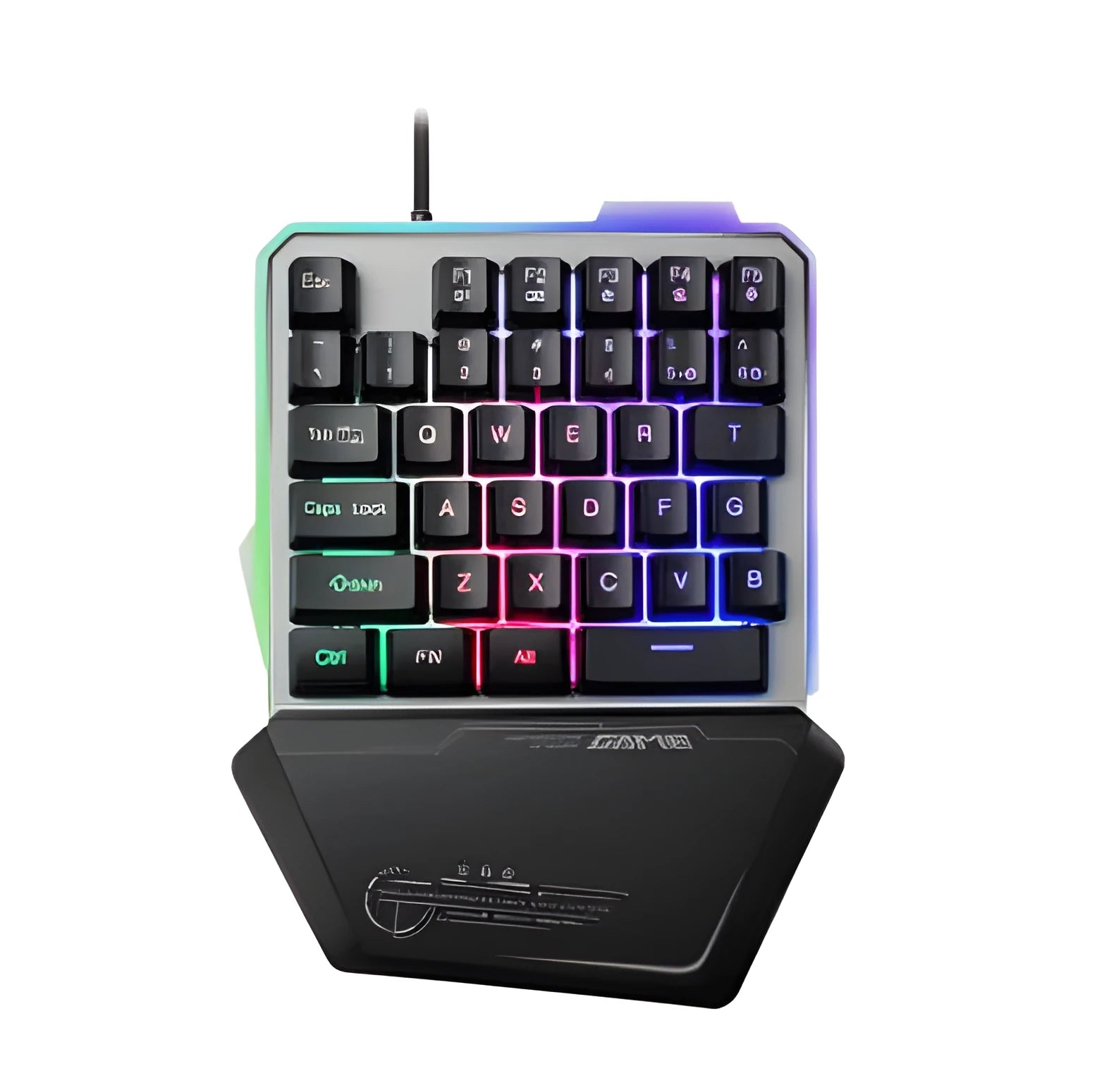 Black one-handed mechanical gaming keyboard with RGB backlit keys on a desk.
