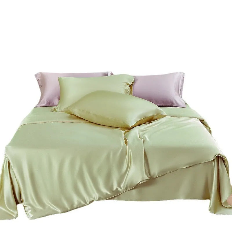 Silk duvet cover in six colour options showing double-sided bedding construction