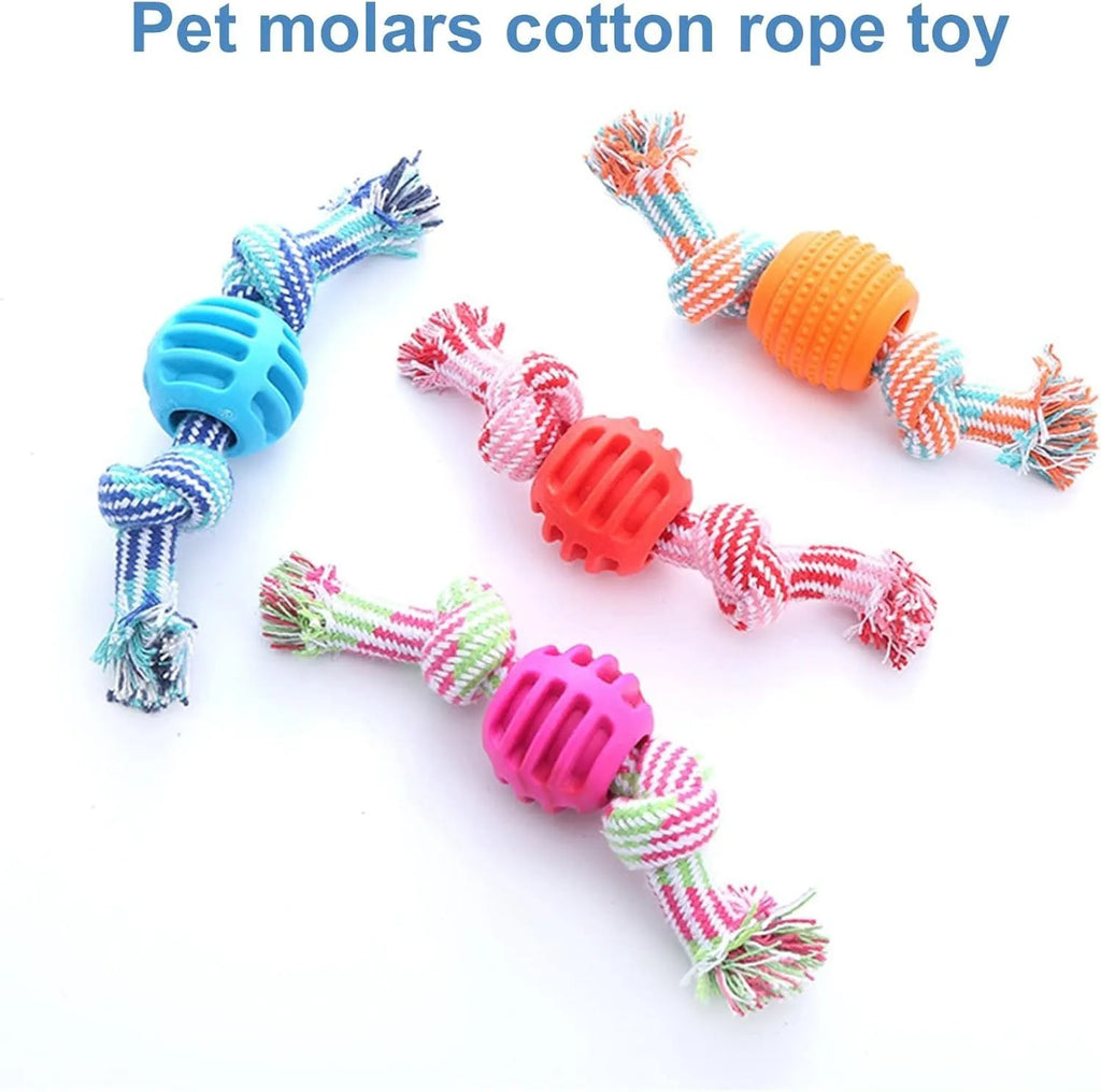 Blue dog molar chew toy with white cotton rope ends for dental cleaning and interactive play